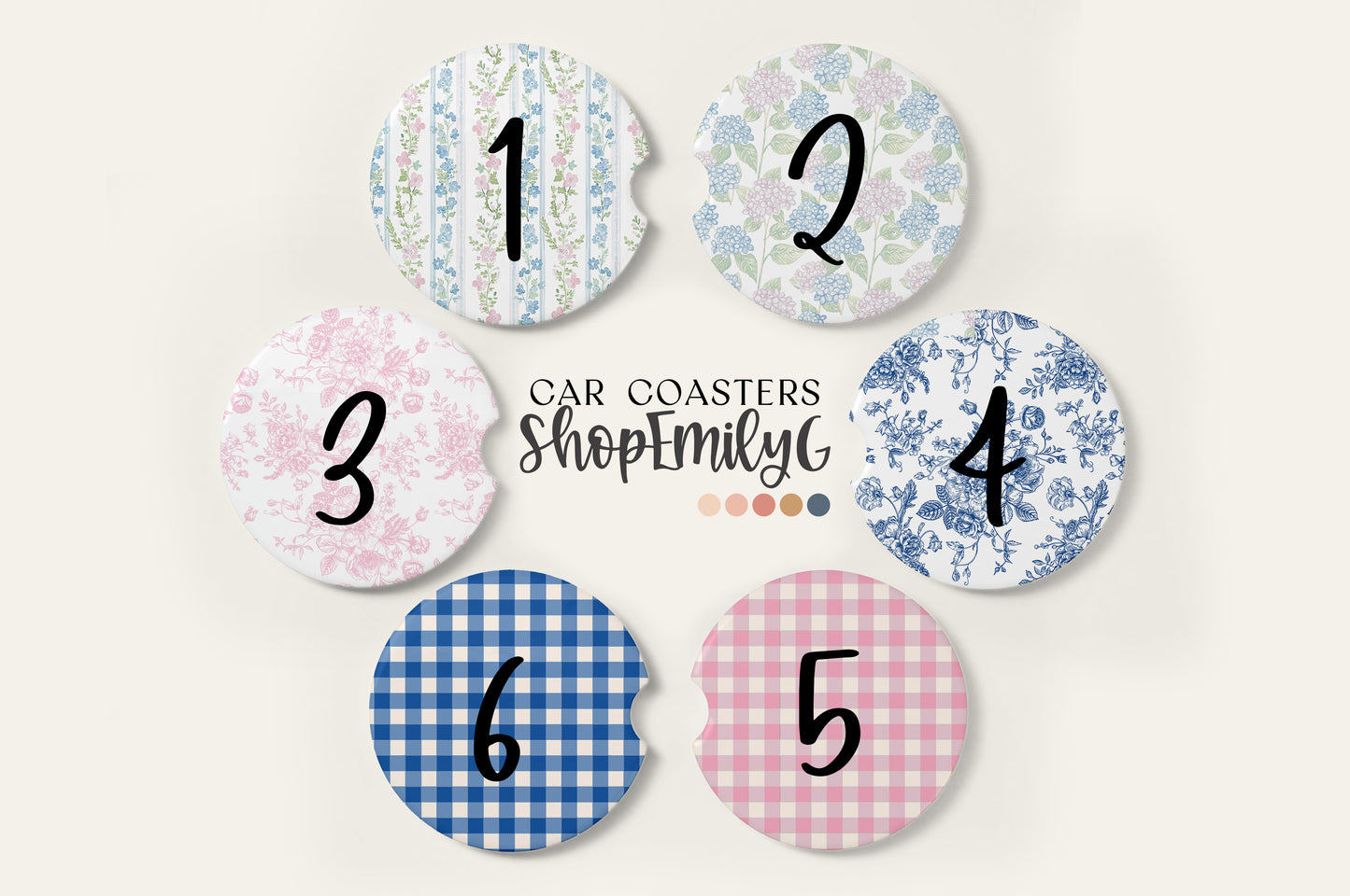Grandmillennial Toile Trendy Pattern Ceramic Car Coasters