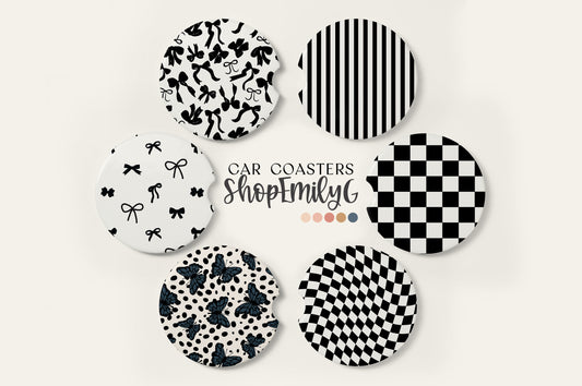 Black & White Trendy Pattern Ceramic Car Coasters
