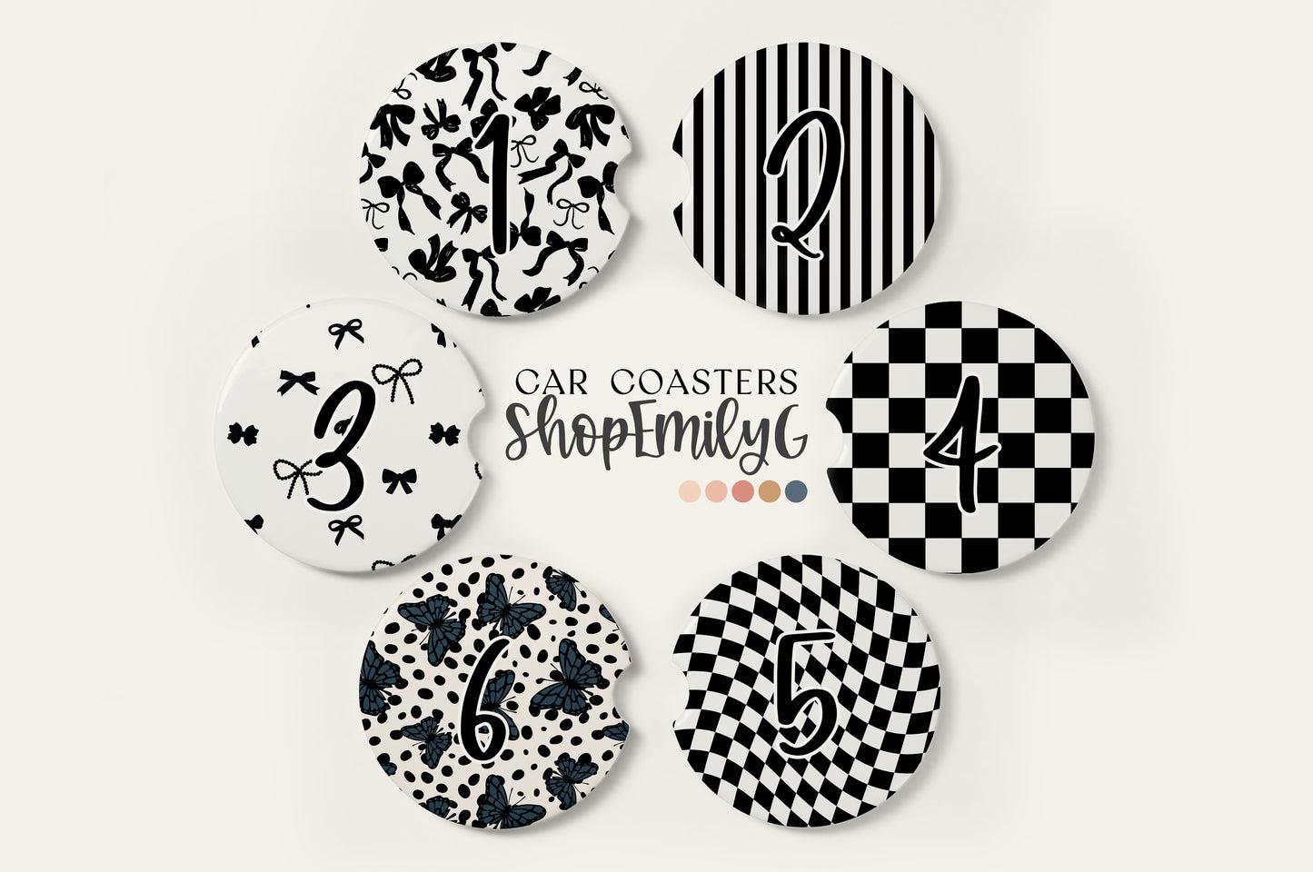 Black & White Trendy Pattern Ceramic Car Coasters